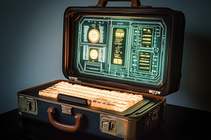 A futuristic briefcase with a glowing keyboard and digital interface displayed, an Industrial Photo by Textures & Backgrounds