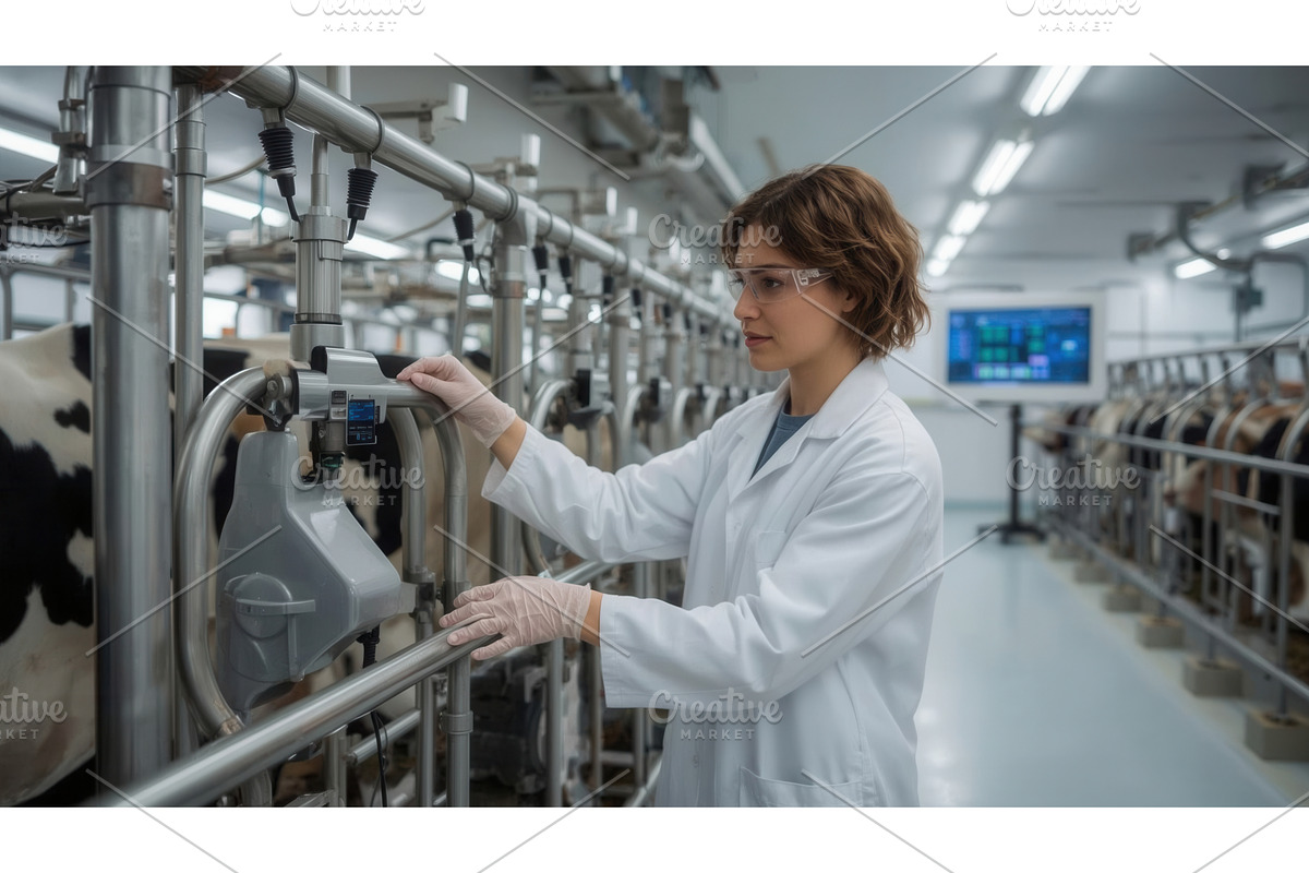 Female scientist in a modern dairy, an Illustration by tilialucida