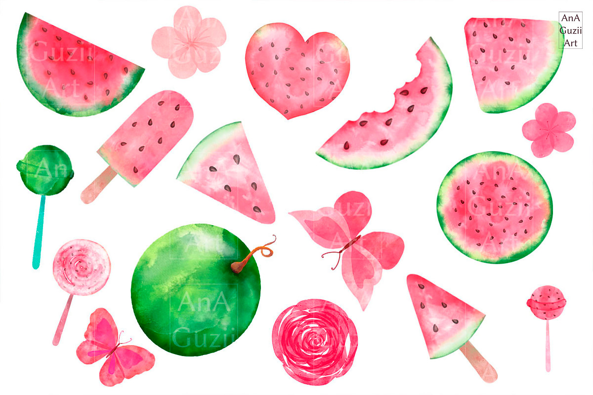 Watermelon watercolor clipart., an Illustration by AnaGuziiArt (Photo 2 of 14)