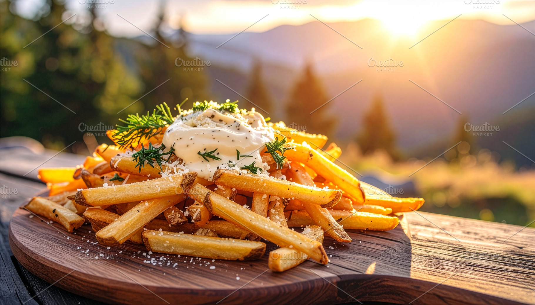Loaded fries with creamy truffle mayo on a rustic wooden table in warm sunset l, a Food & Drink Photo by DutchDigitalDesign
