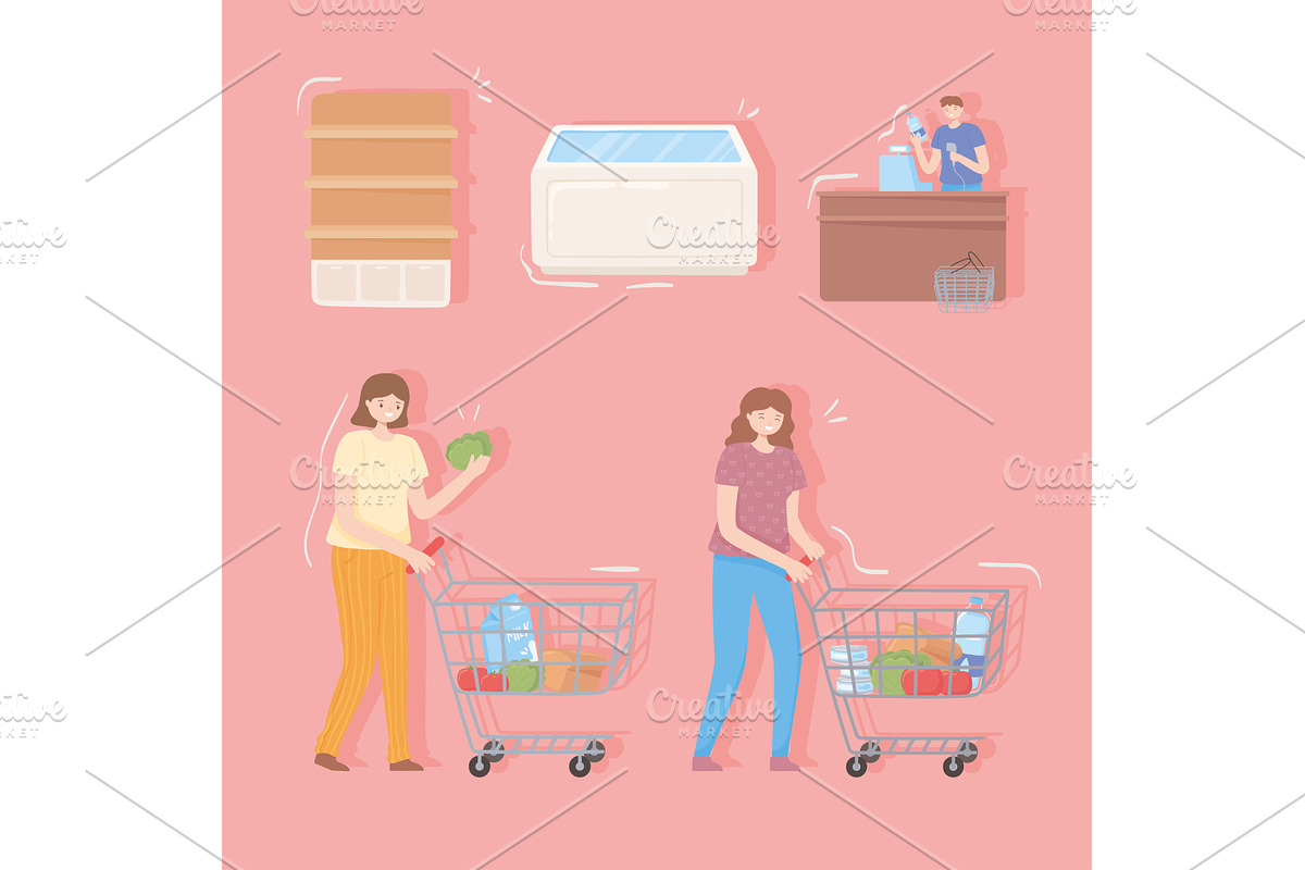 people with shopping cart, a Food Illustration by studiogstock