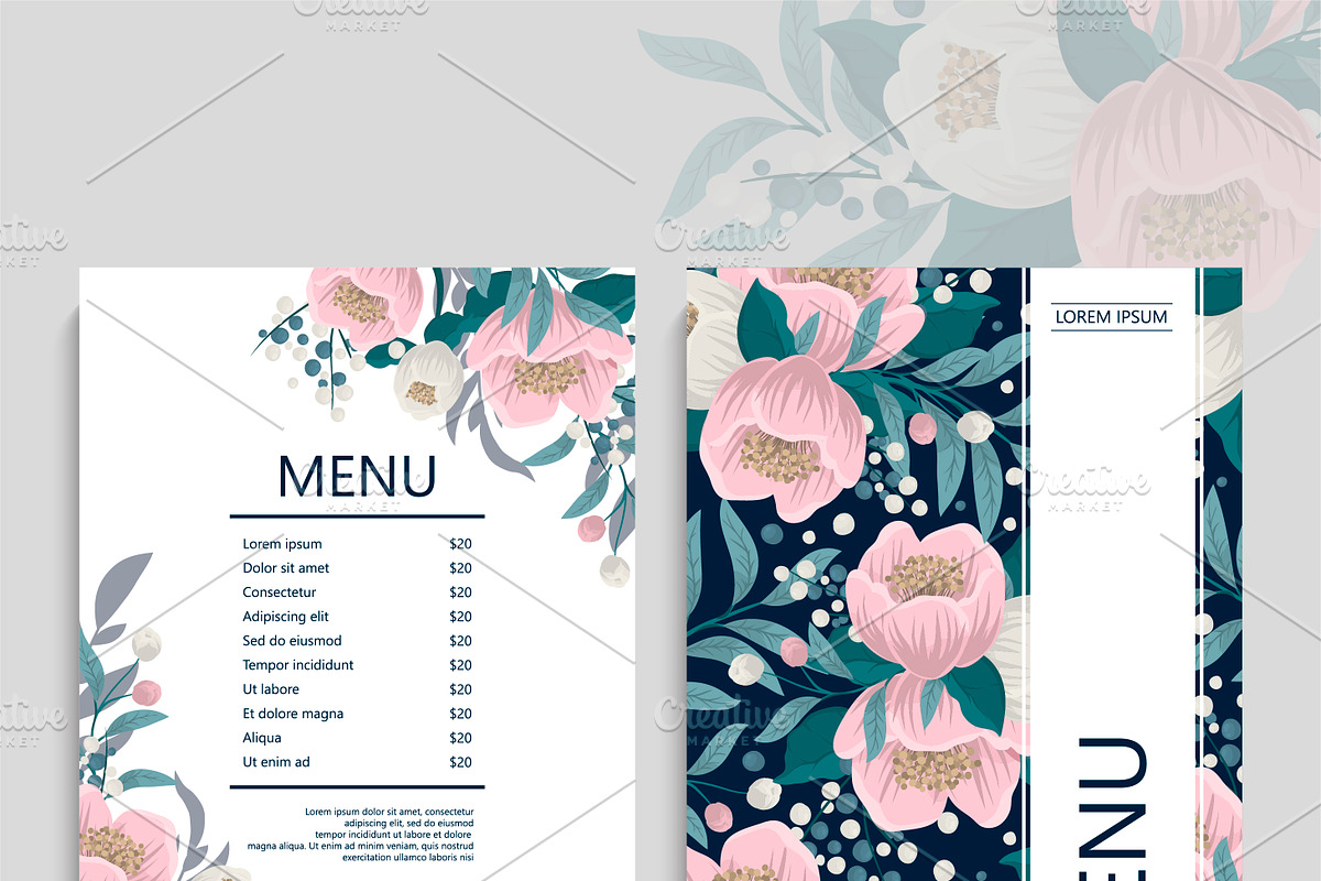 Beautiful floral menu template cards, an Invitation Template by Doodle_flower