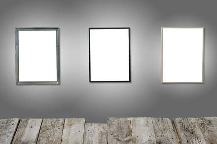 Three white isolated wooden frames containing wall, gallery, and art, an Arts & Entertainment Photo by Vapi
