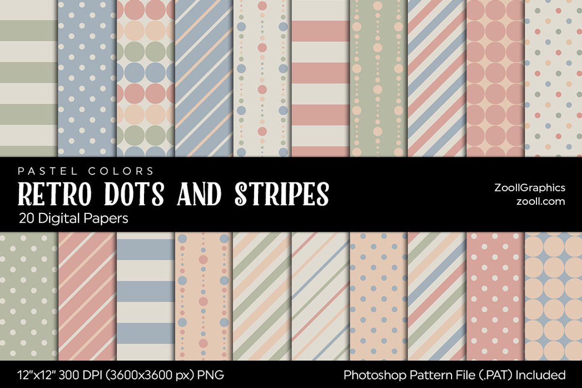 Retro Dots & Stripes Digital Papers, a Pattern Graphic by ZoollGraphics