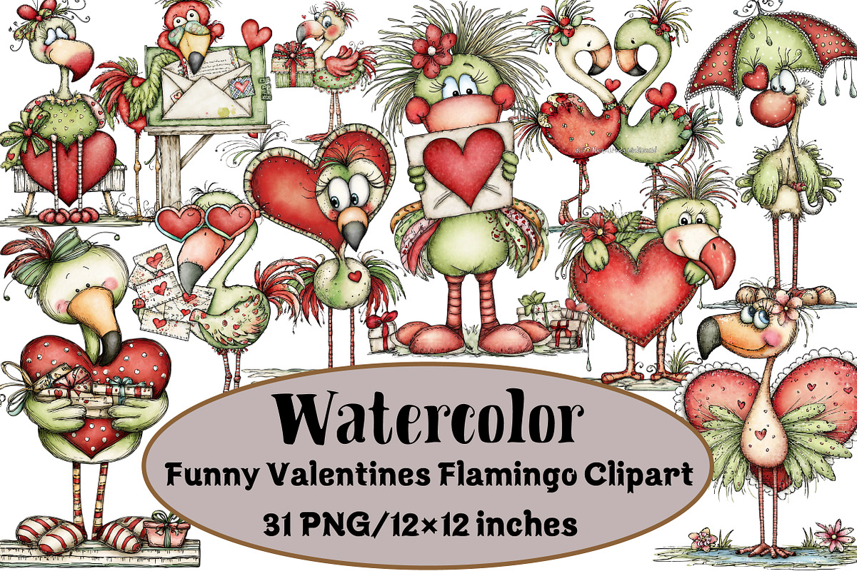 Funny Valentines Flamingo Clipart, an Illustration by Design Market (Photo 1 of 3)