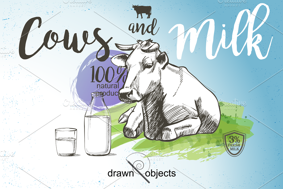 Cows and Milk. Hand drawn Vector set, an Animal Illustration by Alltruecolours (Photo 1 of 6)