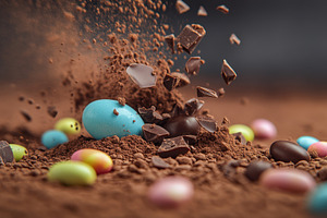 Broken chocolate Easter egg spills, a Photo by Pavel_design
