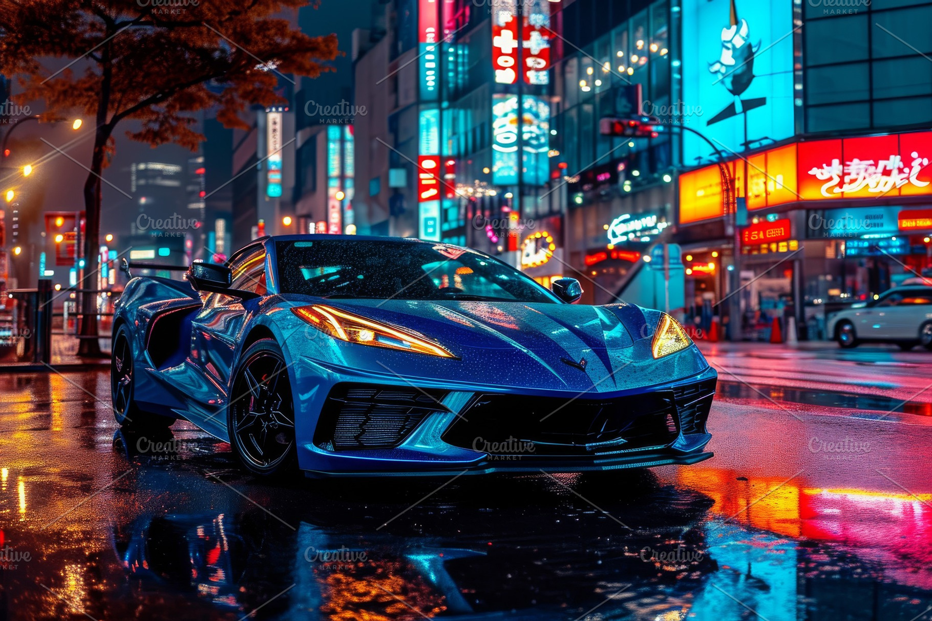A blue sports car is parked on a wet, a Photo by Iftikhar Alam