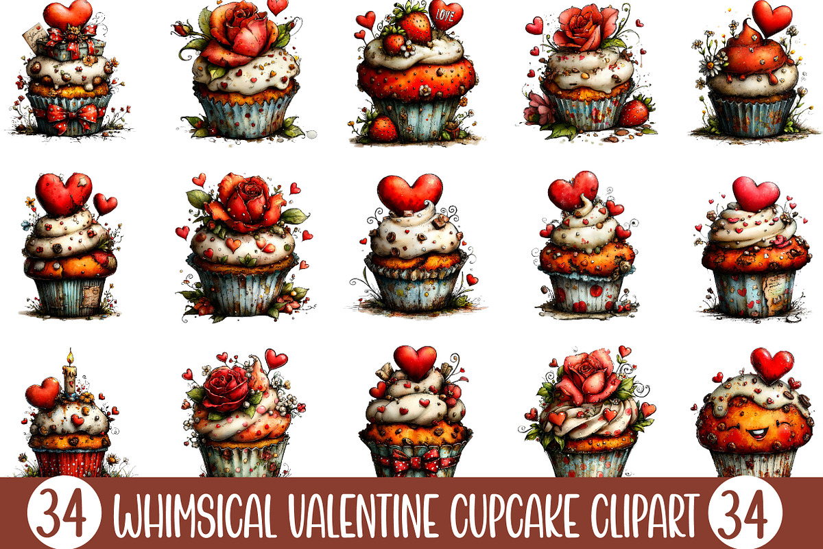 Whimsical Valentine Cupcake Clipart, an Illustration by Designking (Photo 1 of 5)