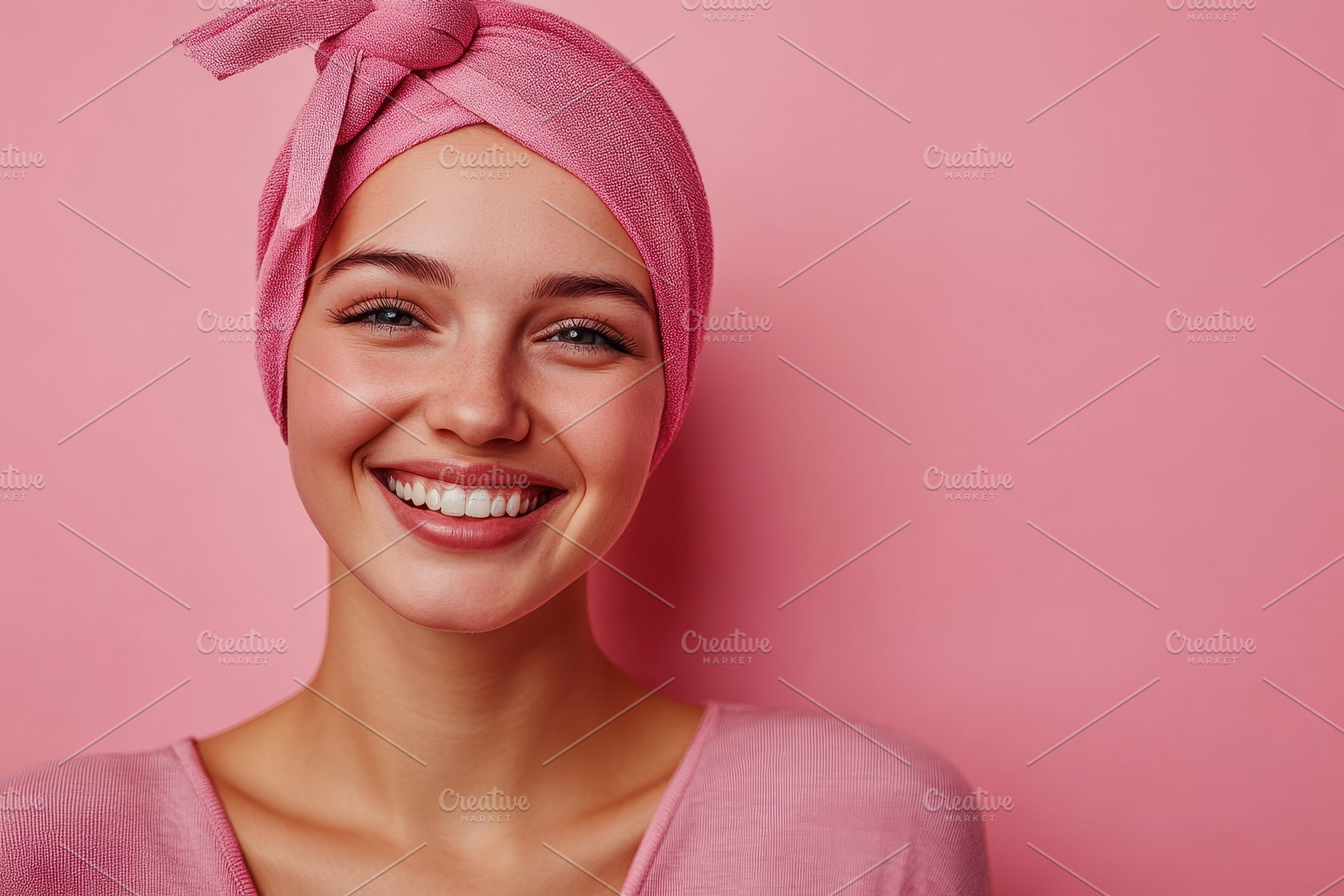 Happy woman with cancer wearing a pi, a Photo by Iftikhar Alam