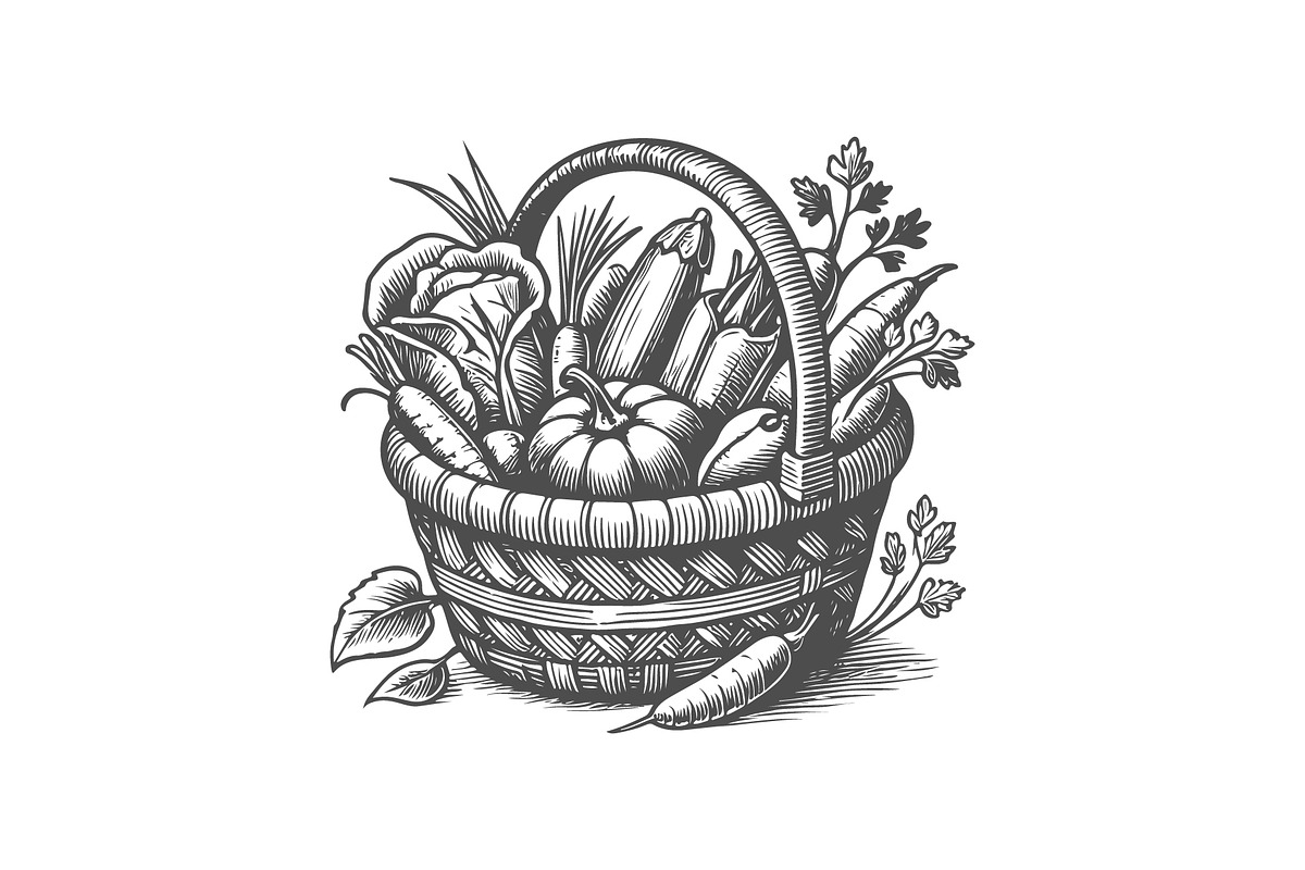Rustic Hand-Drawn Vegetable Basket, a Food Illustration by MkStudio (Photo 3 of 4)