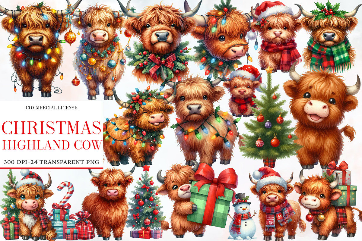 Christmas Highland cow clipart, an Illustration by Designworld (Photo 1 of 6)