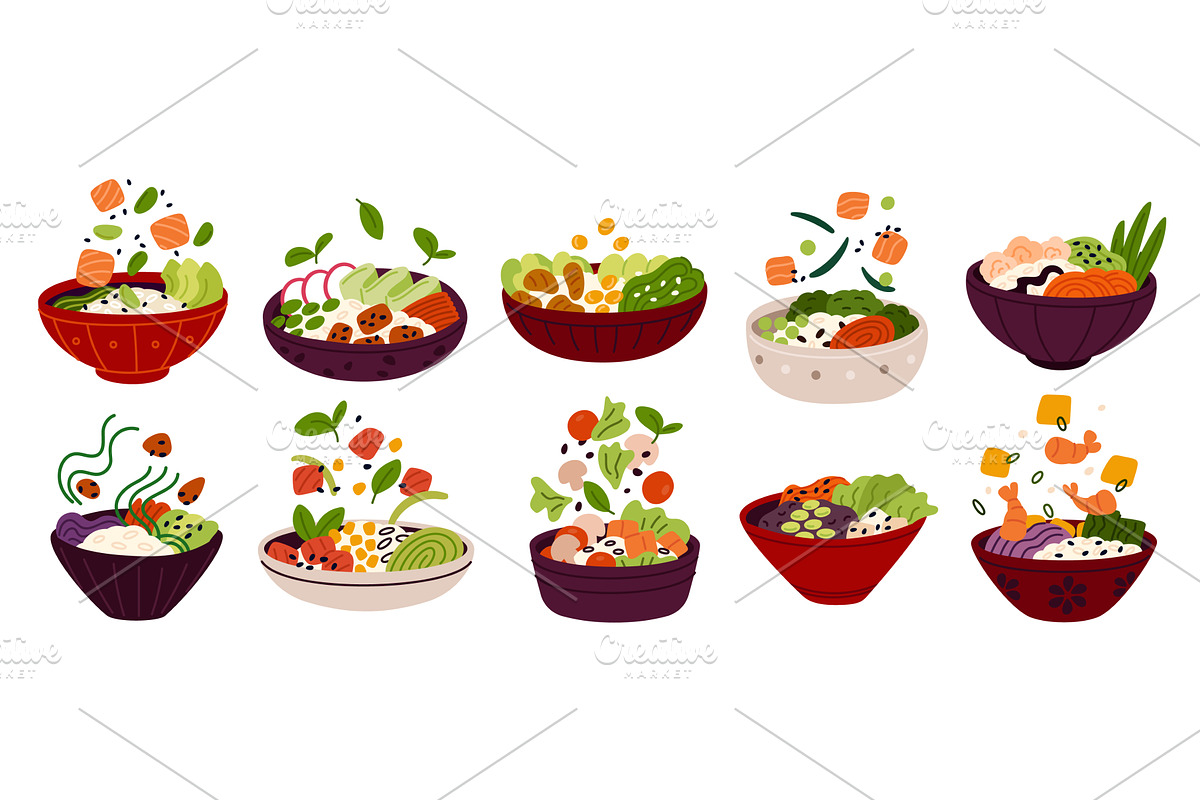 Poke bowls. Combined products, a Food Illustration by YummyBuum