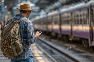 Traveler at Train Station Checking P, a Photo by Pixeness Studio