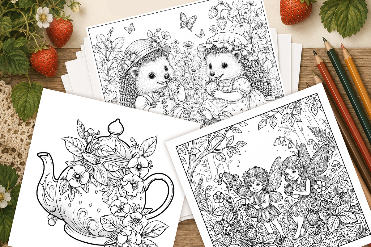 15 Strawberry Forest Coloring Pages, an Animal Illustration by NataliMiasStore (Photo 2 of 3)
