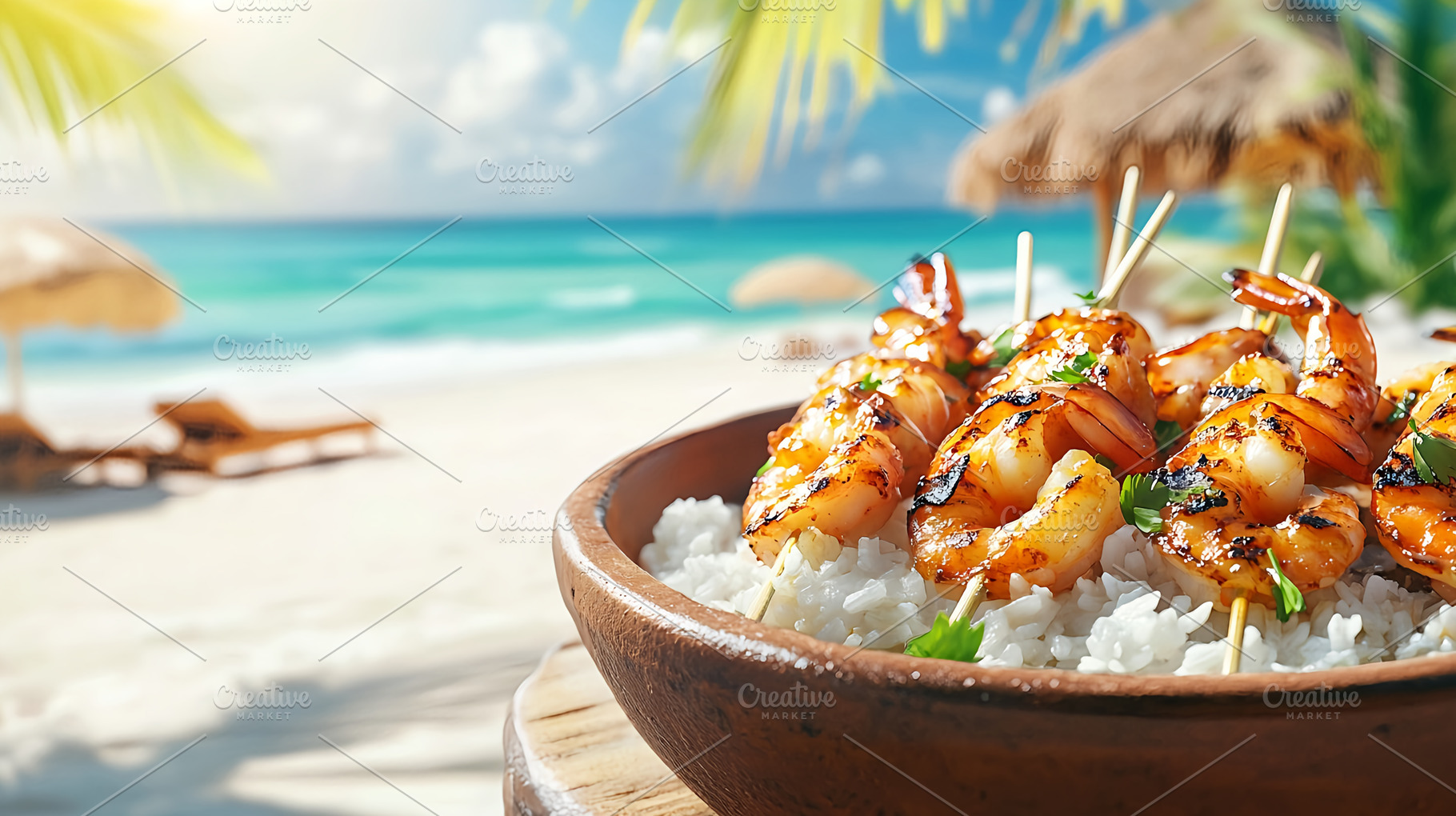 Grilled shrimp skewers served in ric, a Photo by LiliGraphie