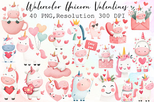 Watercolor Unicorn Valentines Clipar, an Illustration by Sublimation Artist