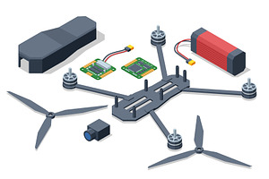 Isometric Drone parts and assembly, a Technology Illustration by Golden Sikorka