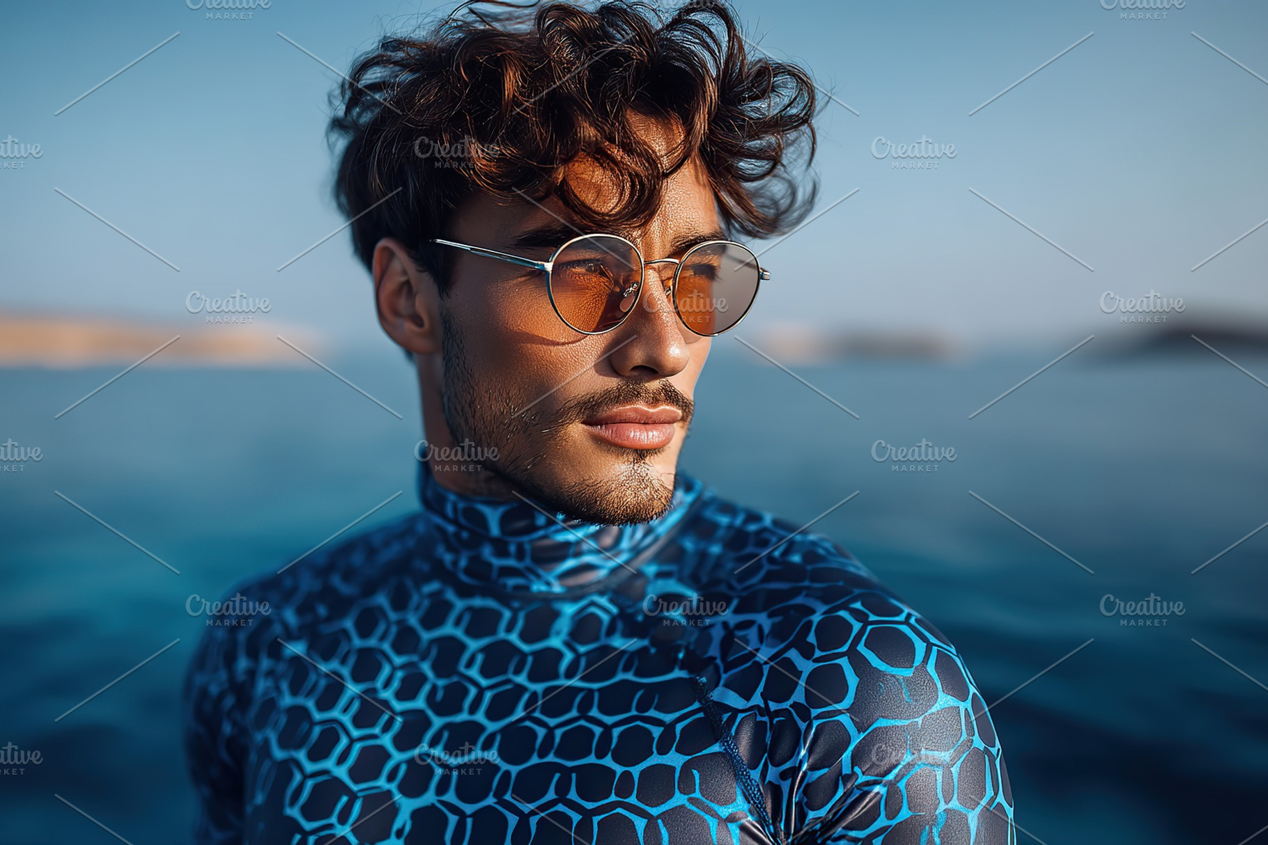 Model poses confidently in stylish wetsuit by the ocean on a sunny day, a Person Photo by AlyaAnd
