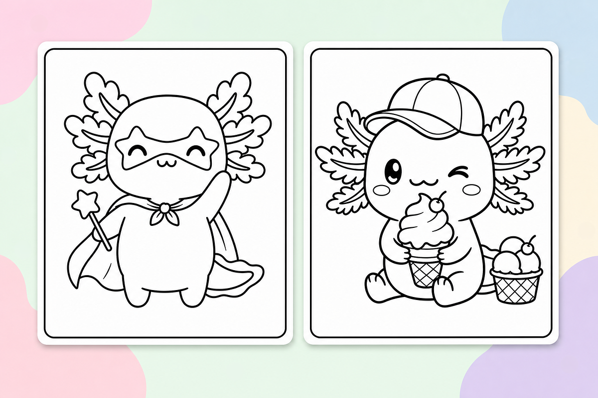 Cute Axolotl Coloring Pages, an Animal Illustration by Inkivelle Studio (Photo 2 of 3)
