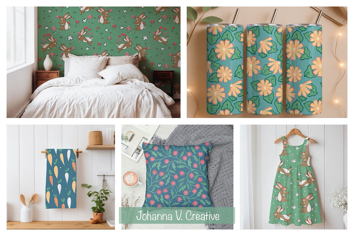 Cute Bunny & Floral Seamless Pattern, an Illustration by Johanna V. Creative (Photo 2 of 7)