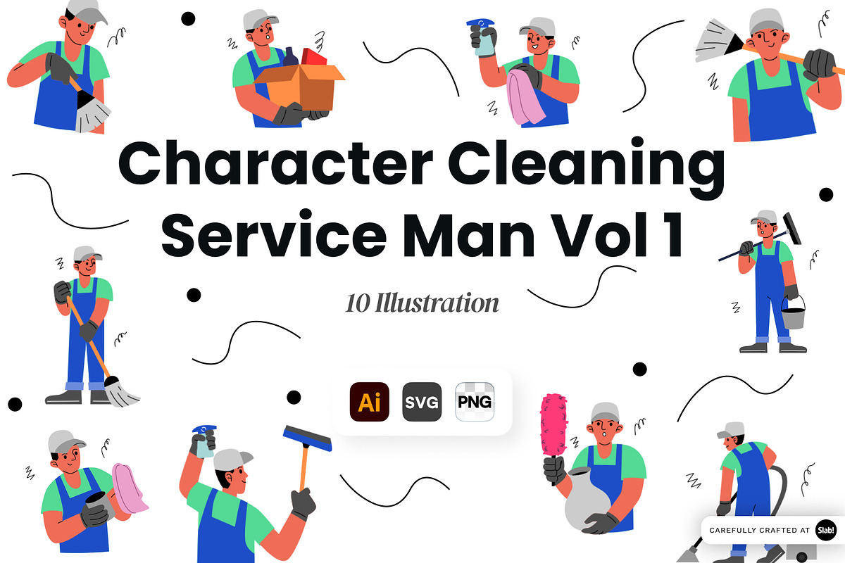 Cleaning Service Man Character Vol 1, a Work Illustration by SLAB! Design (Photo 1 of 3)