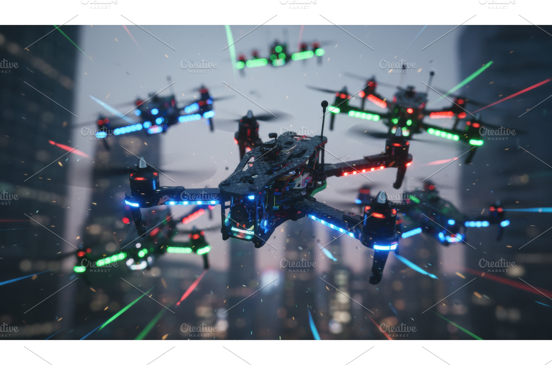 Group of lit up racing drones flying, a Sports & Recreation Photo by Igor Tichonow