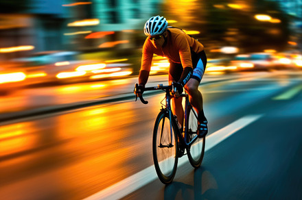A dynamic shot of a cyclist riding through a dedicated bike lane, a Sports & Recreation Photo by designvectx