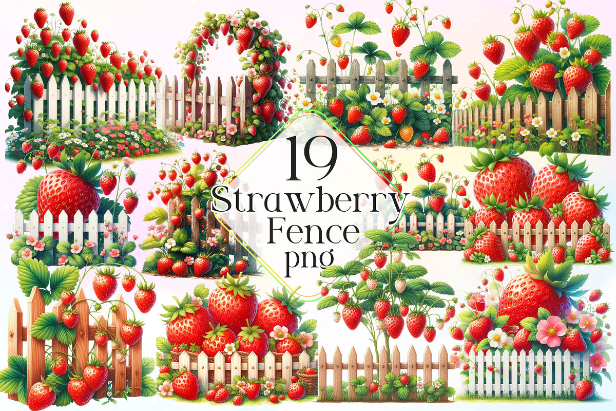 Watercolor Strawberry Fence Clipart, a Work Illustration by Dream Creation (Photo 1 of 3)