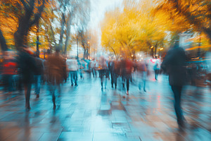 A blurred image of a bustling city street during autumn, with people walking am, an Industrial Photo by Textures & Backgrounds