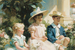 Three children and a small white dog sitting on green grass in a, a Decorative Illustration by Studio ANNA