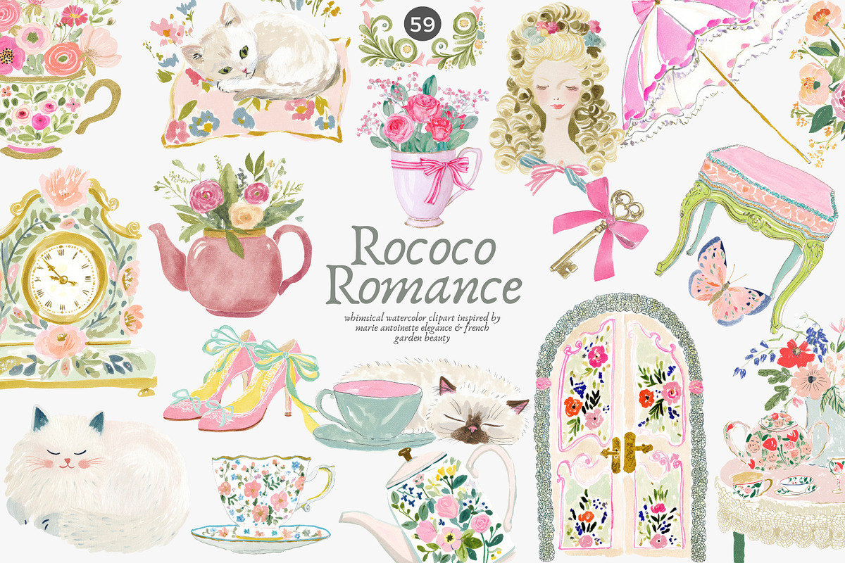 rococo romance clipart set, a Decorative Illustration by Patishop Art (Photo 1 of 9)