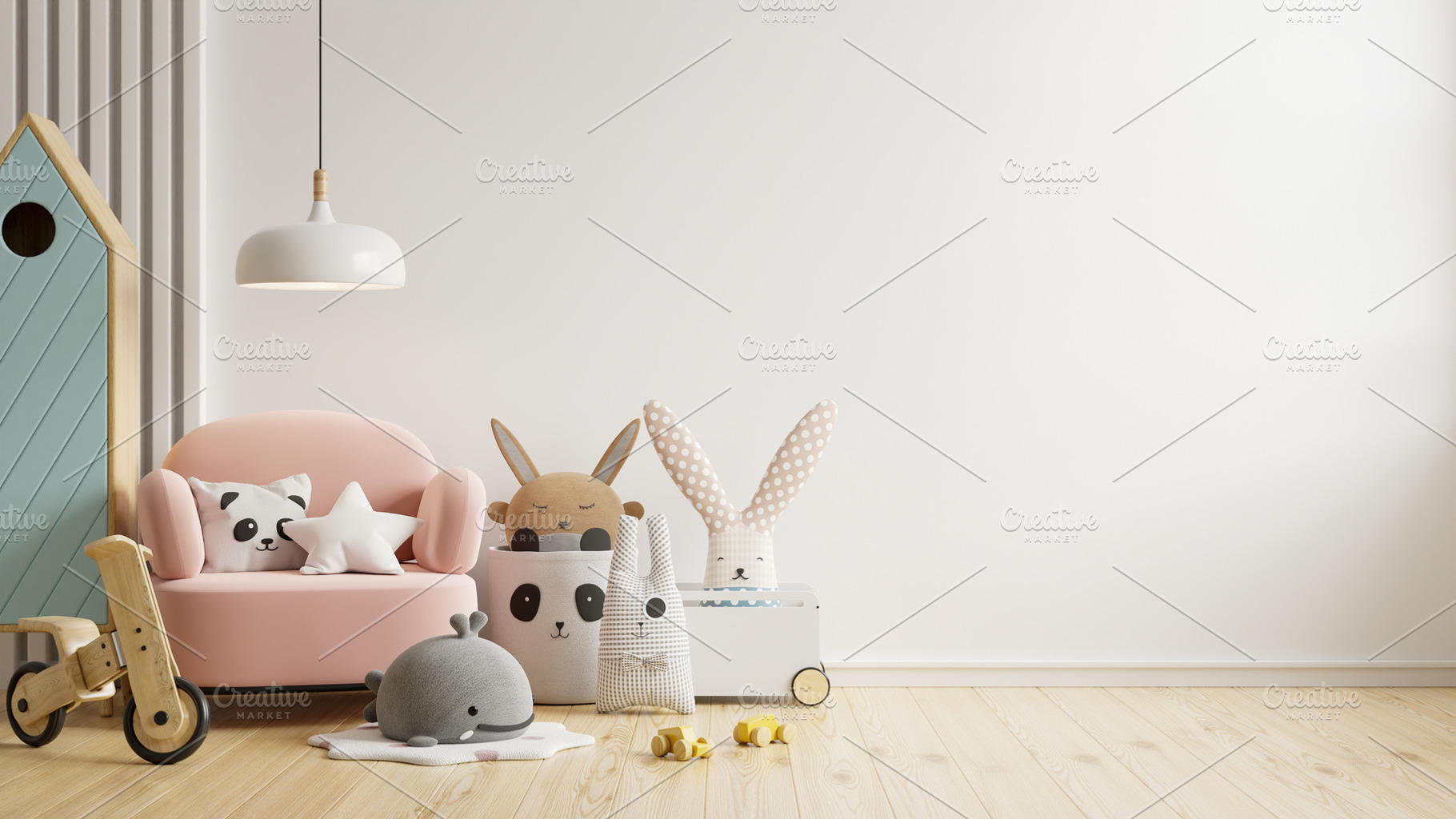 Mockup wall in the children's room with pink sofa on white color wall., an Architecture Photo by vanitjan