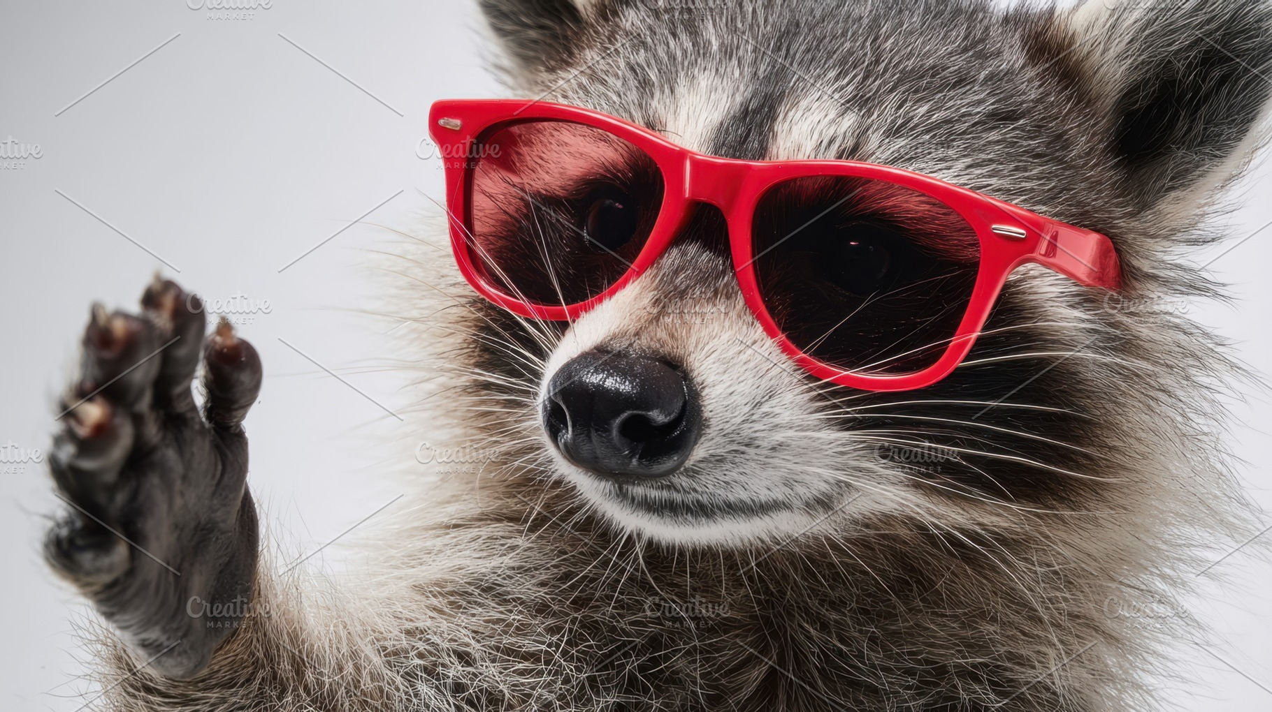 Raccoon wearing red sunglasses waves, a Photo by Beautiful things
