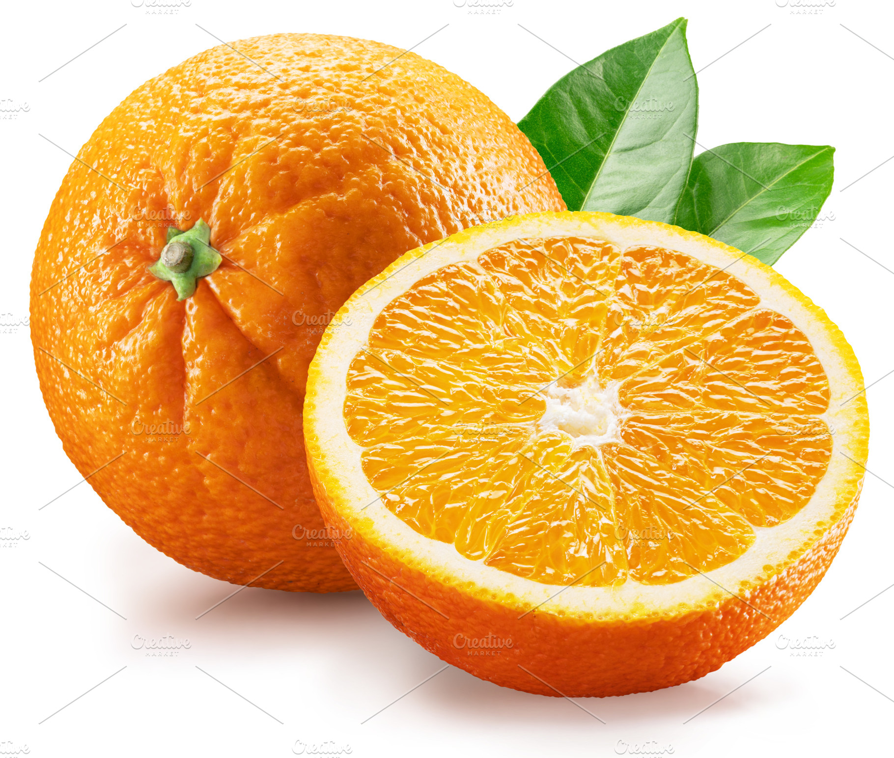 Orange fruits with leaves and orange slices isolated on a white, a Food & Drink Photo by Volff