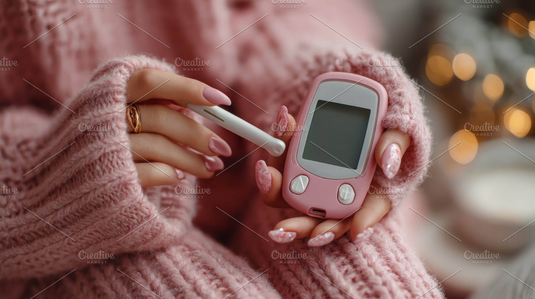 Woman monitoring glucose levels with a portable device in a cozy, a Health & Medical Photo by AS photostudio