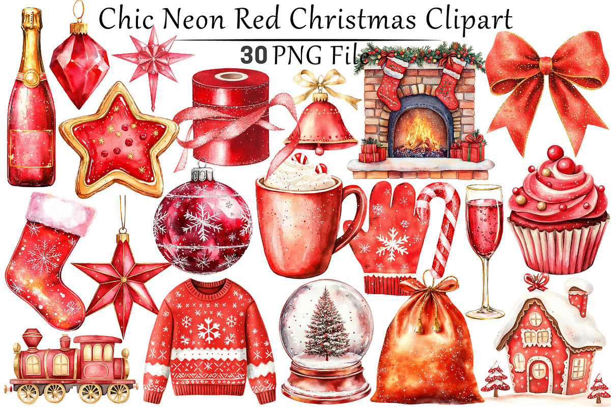 Chic Neon Red Christmas Clipart, a Seasonal Illustration by CitraGraphics (Photo 1 of 7)
