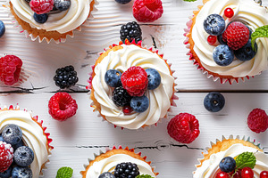 Tasty cupcakes with butter cream and ripe berries on wooden table. Flat lay, a Food & Drink Photo by AlyaAnd