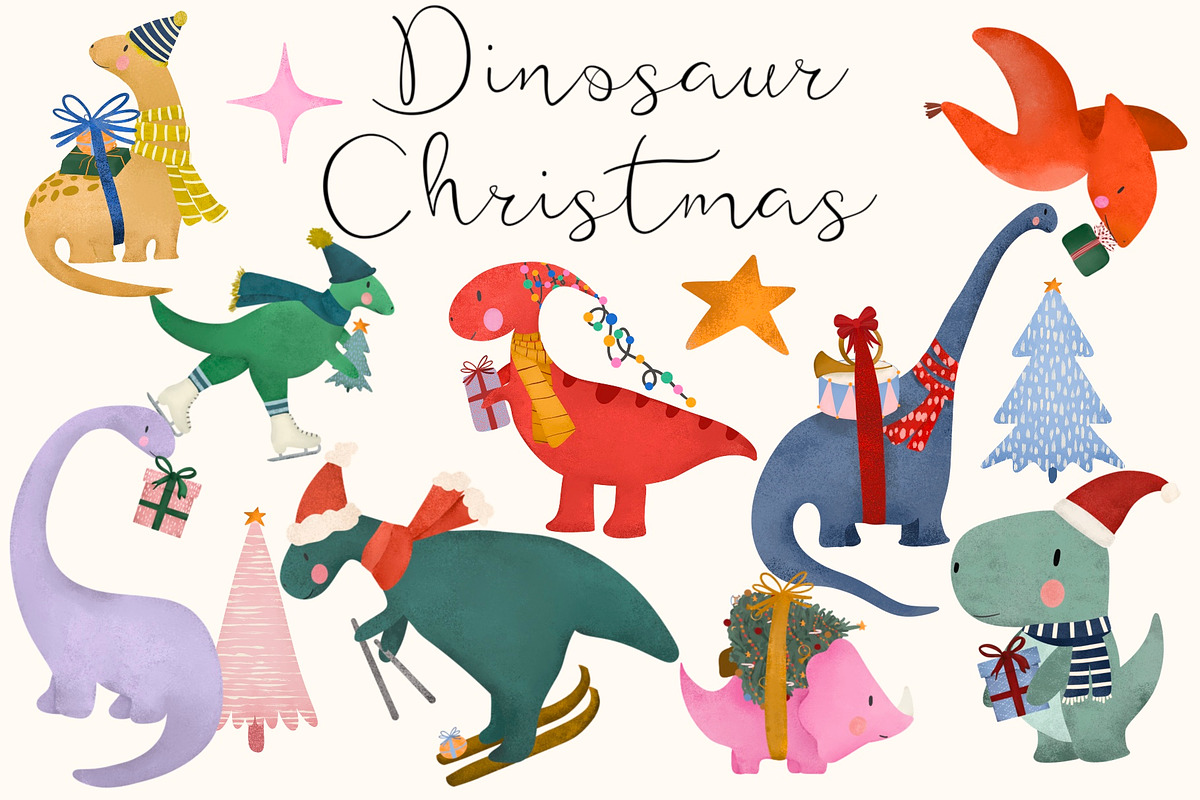 Christmas Dinosaur Illustrations, an Illustration by KJP Designs (Photo 1 of 7)