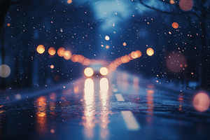 A rainy street scene at night, with blurred lights reflecting on wet pavement., an Industrial Photo by Textures & Backgrounds