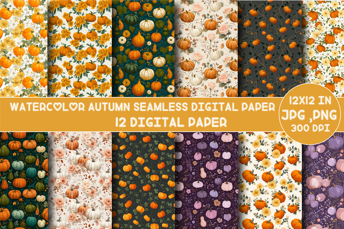 Watercolor Autumn Seamless Digital, an Illustration by Designking (Photo 1 of 4)