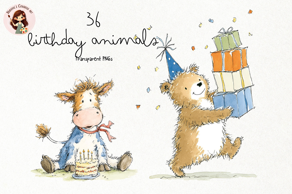Birthday Animals PNG Clipart, an Animal Illustration by Nicolle's Colorful Art (Photo 1 of 4)