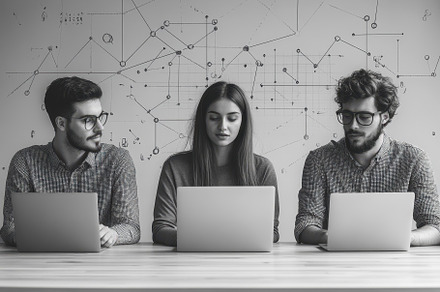 Three people engaged in a focused wo, a Photo by Tanuart