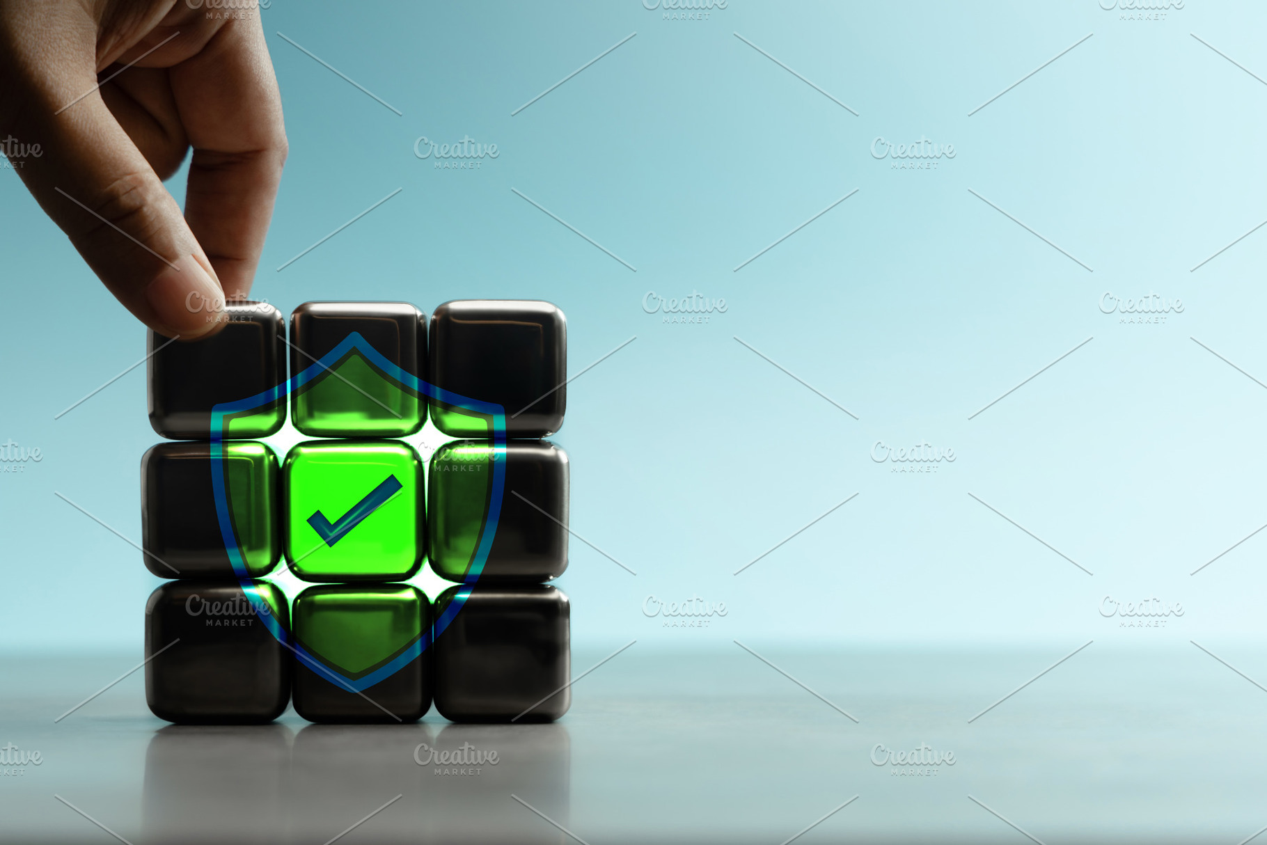 Multi-layer cybersecurity verification with approved shield icon, a Photo by salmon.black