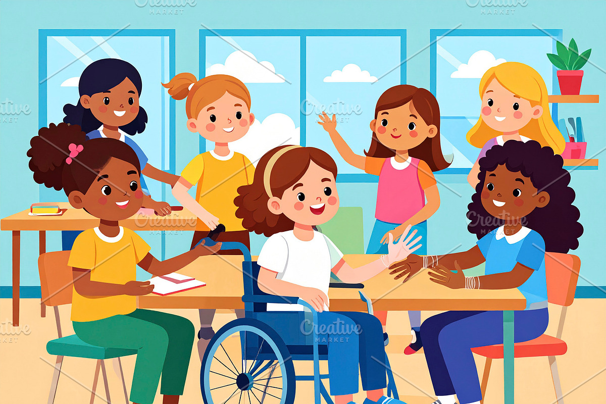 Diverse group of children learning together in a classroom, an Education Illustration by DanFLCreativo