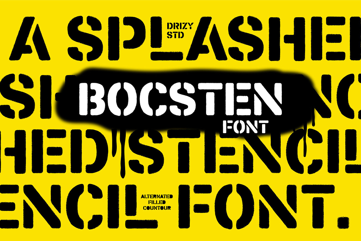 Bocsten – Splashed Stencil Font, a Sans Serif Font by Drizy (Photo 1 of 9)