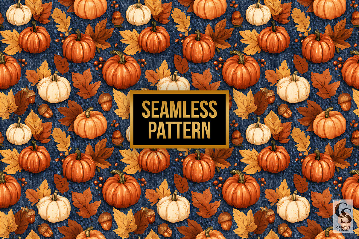 Denim Pumpkin & Leaves Pattern, a Pattern Graphic by Creative Store (Photo 4 of 5)