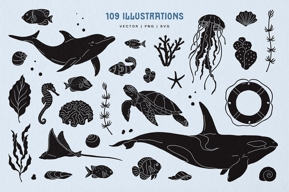Sealife Silhouettes Illustration Set, an Animal Illustration by rouxsupplyco (Photo 2 of 16)