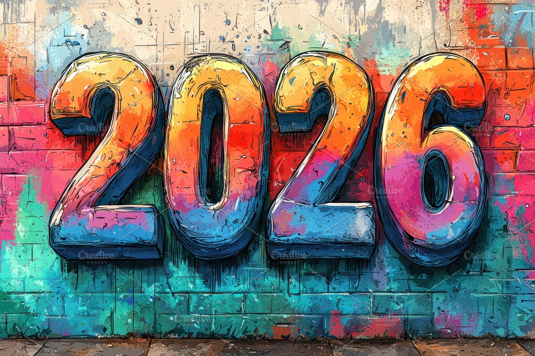 Graffiti style 2026 numbers painted in bold colors on urban bric, a Background Photo by José Manuel Gelpi