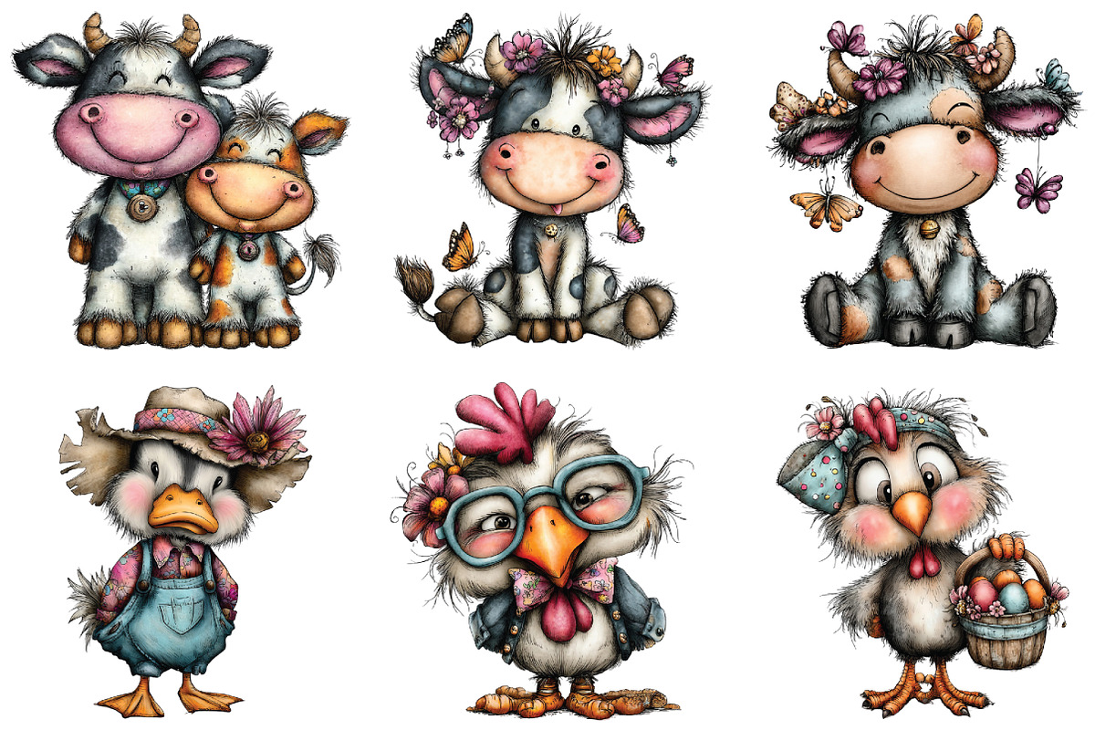 whimsical Funny Farm Animals Clipart, an Illustration by CraftArtStudio (Photo 3 of 6)